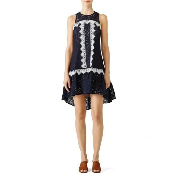 Nha Khanh Navy Bell Dress Shift Eyelet Shift Mini size 2 Wedding Guest - Picture 1 of 7